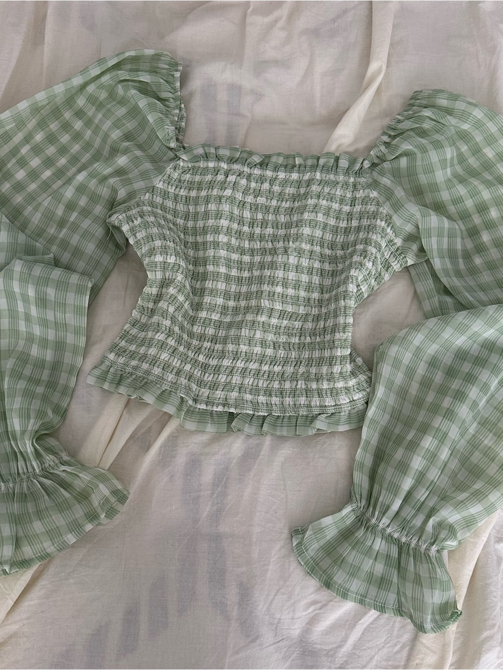 Smocked Puff-Sleeve Crop Top - Sage Green Plaid Sz S